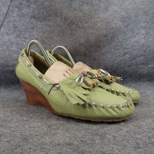 Sam Edelman Shoes Womens 8.5 Moccasin Wedge Fashion Y2k Fringe Leather Green Bow